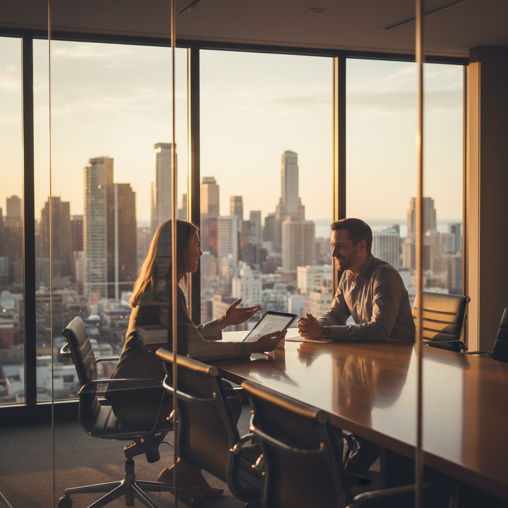 Advisor and business owner discussing a 13-week cash flow forecast in a modern Parramatta office