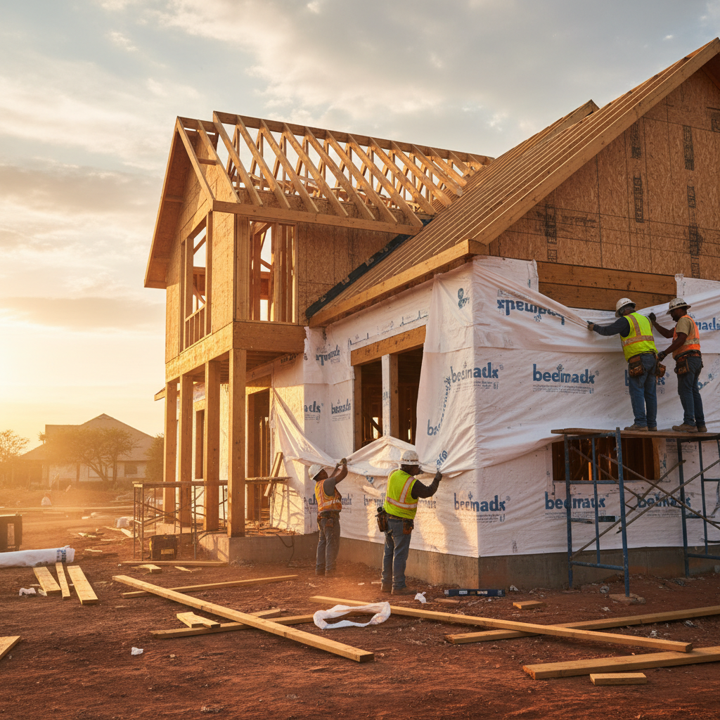 Texas home under construction with timber framing and house wrap, aligned to residential design plans