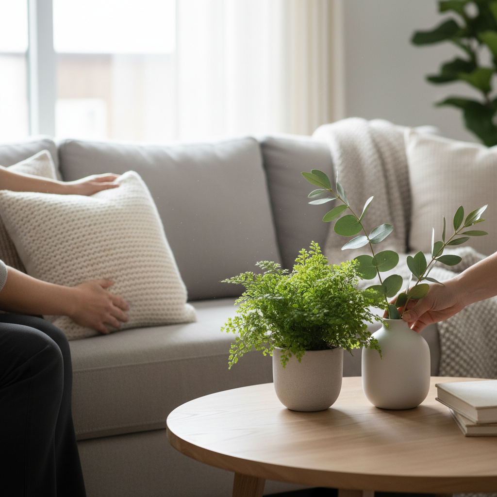 Detail shot of living room staging steps that support seller representation: neutral pillows and greenery arranged for a bright, welcoming listing photo