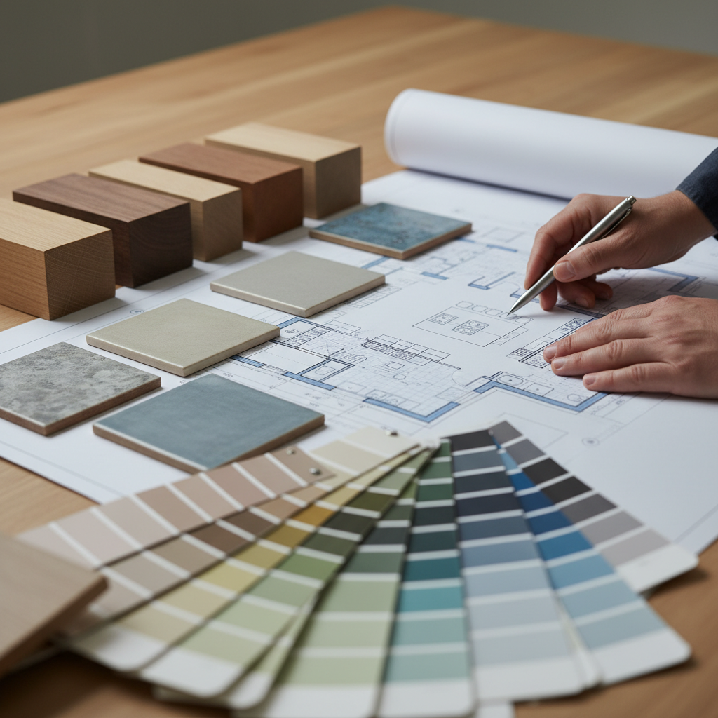 Residential design materials with floor plan and finish samples for Texas homes