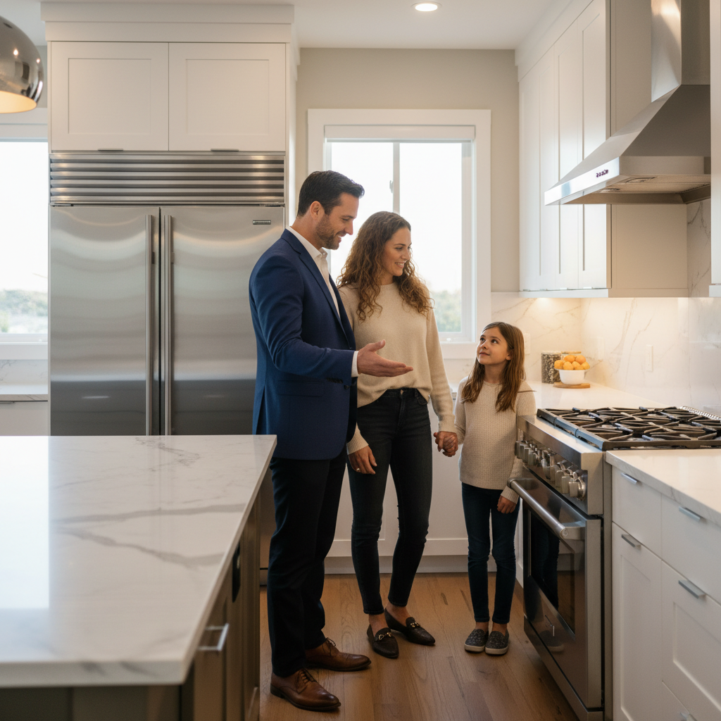 Agent guiding homeowners through a kitchen during a walkthrough, illustrating hands-on seller representation and showing coordination