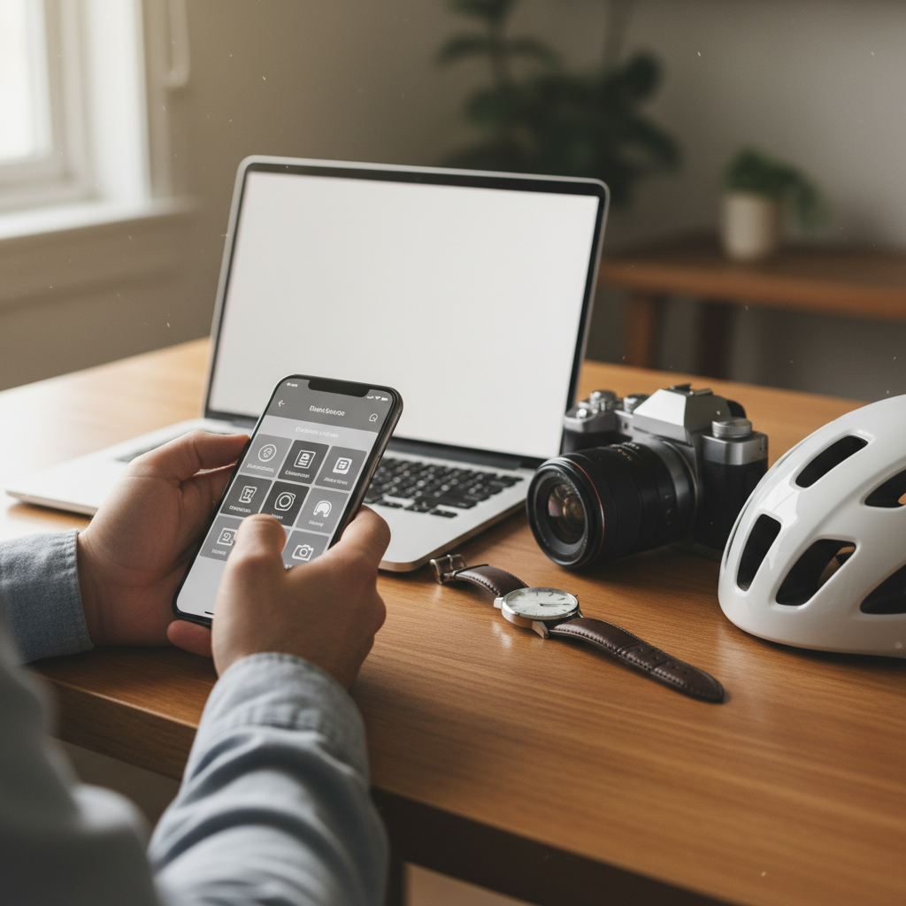 Close-up of a renter building a home inventory on a smartphone for tenant insurance in Toronto, with personal items laid out for documentation