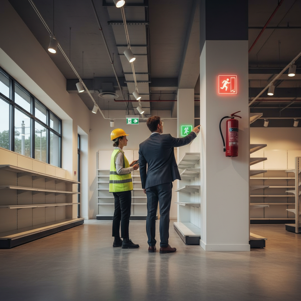 Storefront interior being inspected for compliance, showing safety equipment and pathways for a Toronto business location