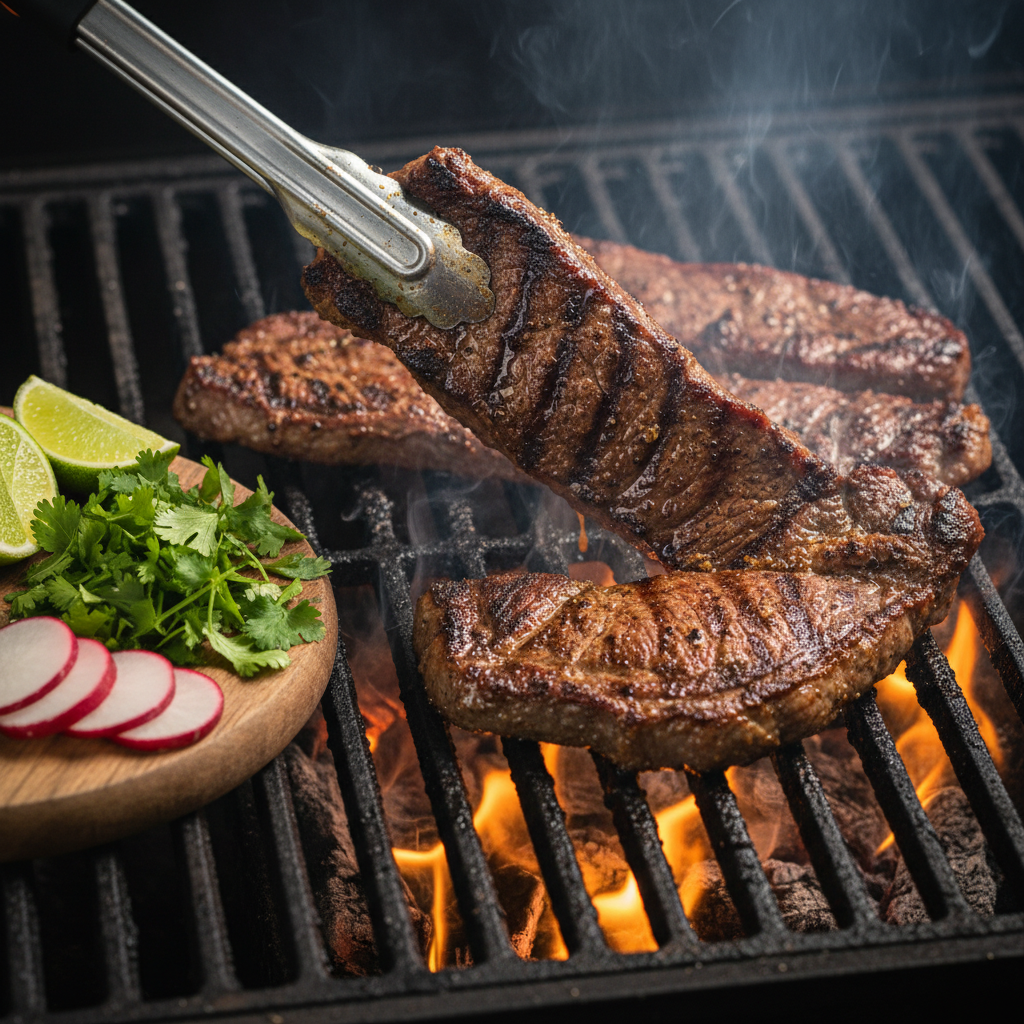 Close-up of carne asada grilling over open flame for an easy Mexican weeknight dinner, showing char, tongs, and fresh garnishes nearby