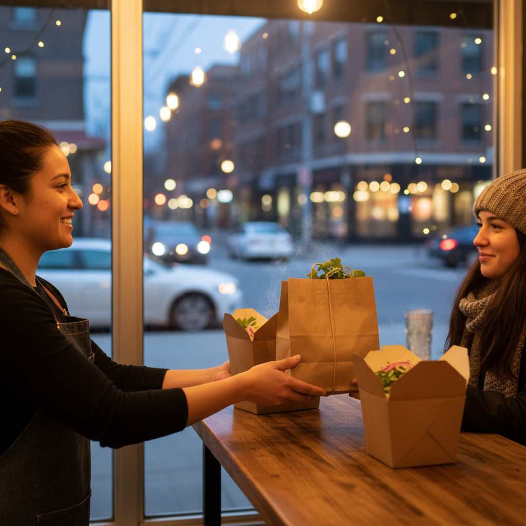 Evening takeout handoff at a Mexican grill in Toronto with eco-friendly packaging—perfect for a quick taco bar at home