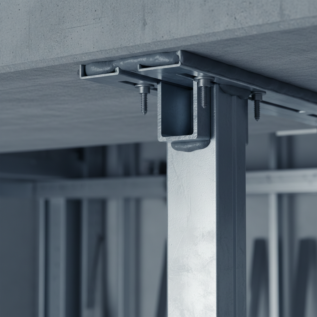 Close-up of slotted deflection track head-of-wall connection for interior stud wall framing, showing proper fasteners and sealant