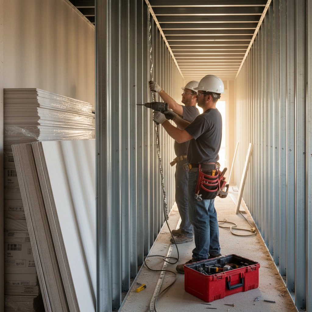 Tradespeople installing resilient channel on steel stud framing to increase STC rating in a corridor