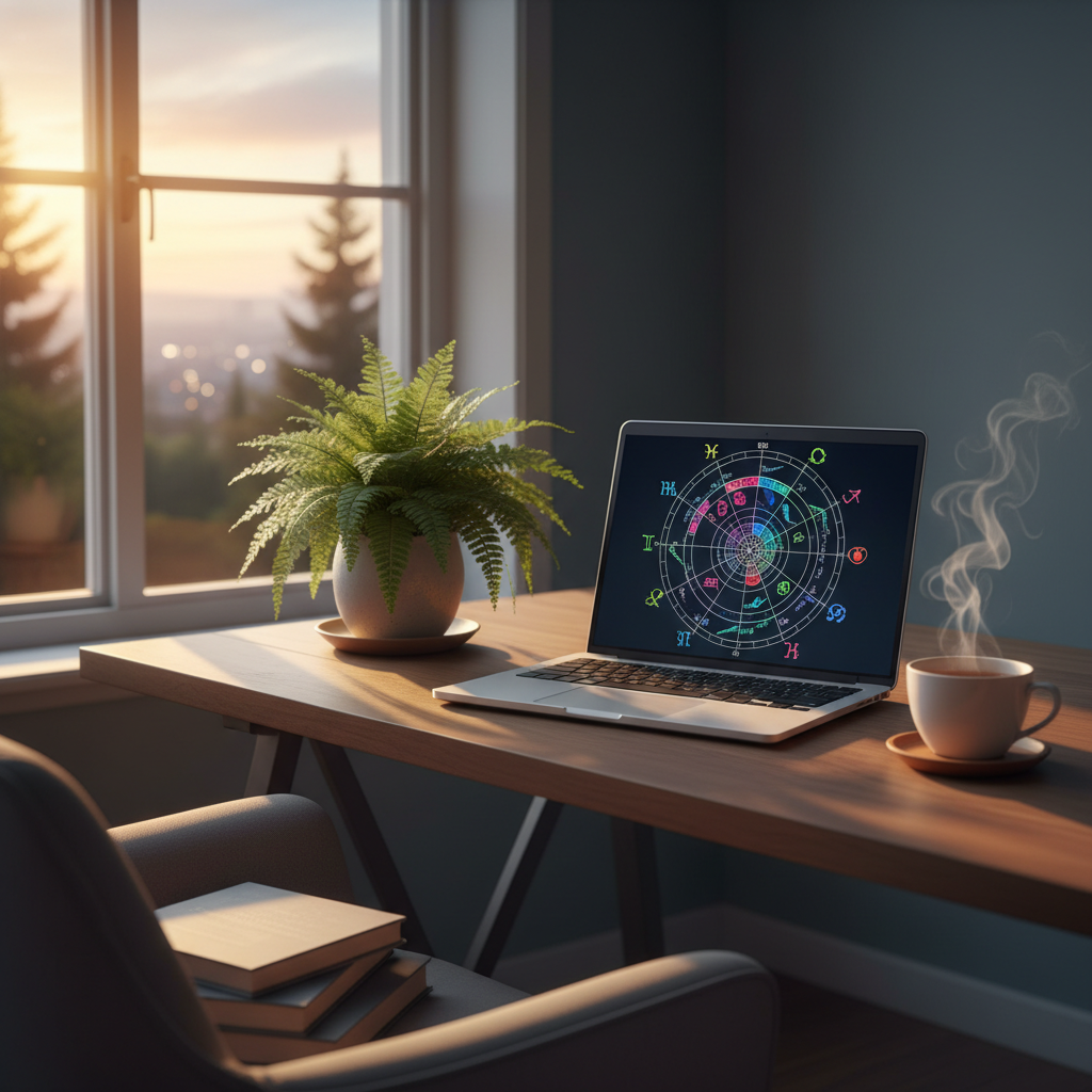 Home office with laptop showing an astrology transit chart used to time relationship decisions and schedule shubh samay