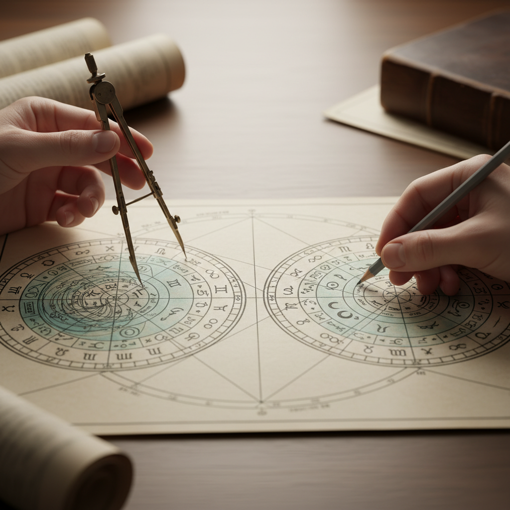 Close-up of synastry compatibility chart analysis with compass and pencil showing aspects and house overlays, part of the compatibility chart process explained