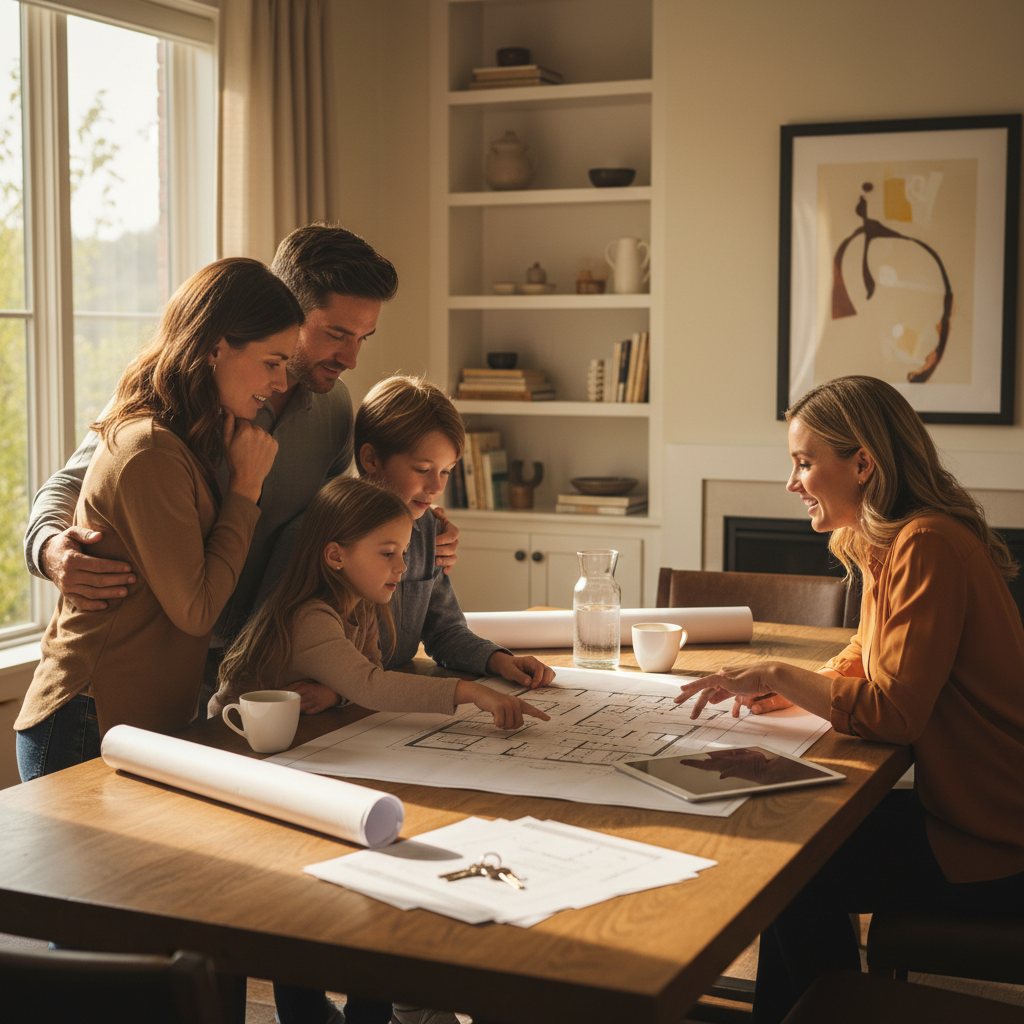 Family reviewing a floor plan with a Surrey realtor, planning the next steps from the houses for sale in Surrey checklist