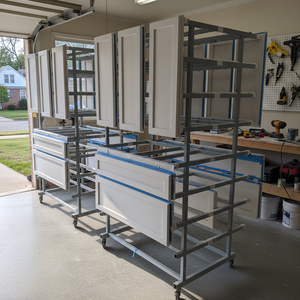 Cabinet doors drying on vertical racks after professional kitchen cabinet respraying in a Toronto-area workshop