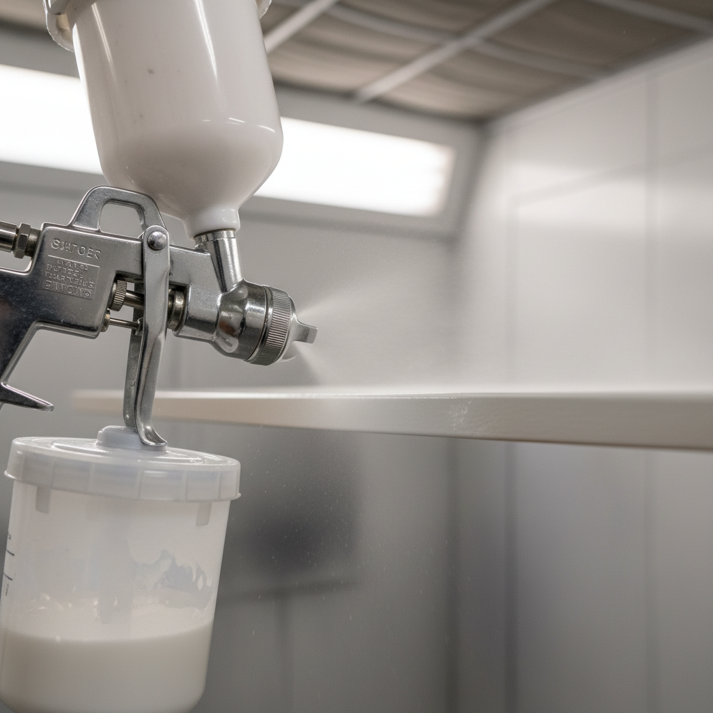 Close-up of HVLP spray gun applying smooth white cabinet enamel during a professional kitchen cabinet respraying service in Toronto