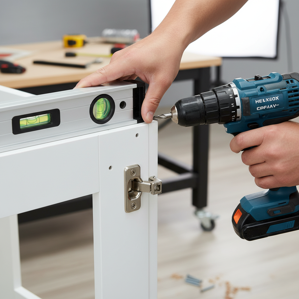 Close-up of cabinet replacement work with soft-close hinges during a rental kitchen remodel, showing professional installation quality for apartment renovations