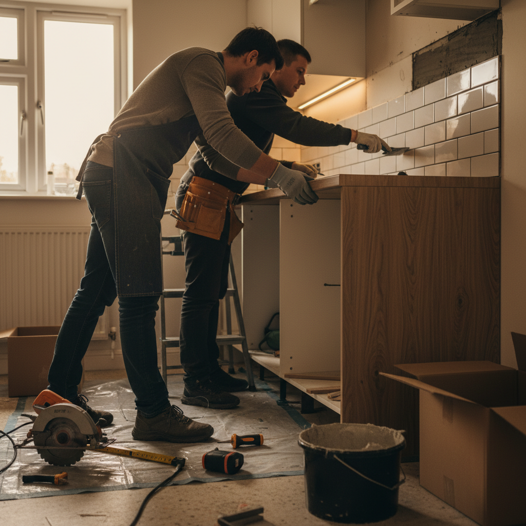 Tradespeople installing countertops and subway tile backsplash during a rental kitchen upgrade for multi-unit apartments