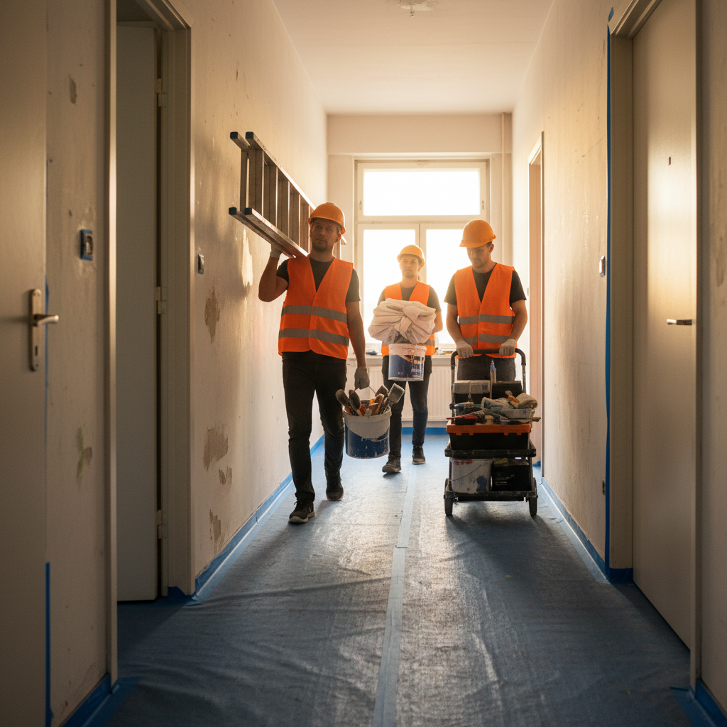Renovation crew protecting hallways and staging tools during an apartment turnover in London ON
