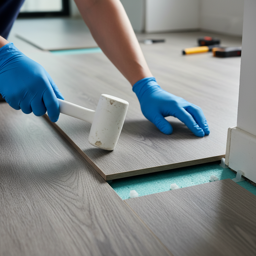 Close-up of luxury vinyl plank flooring installation during a full unit turnover checklist for apartment owners