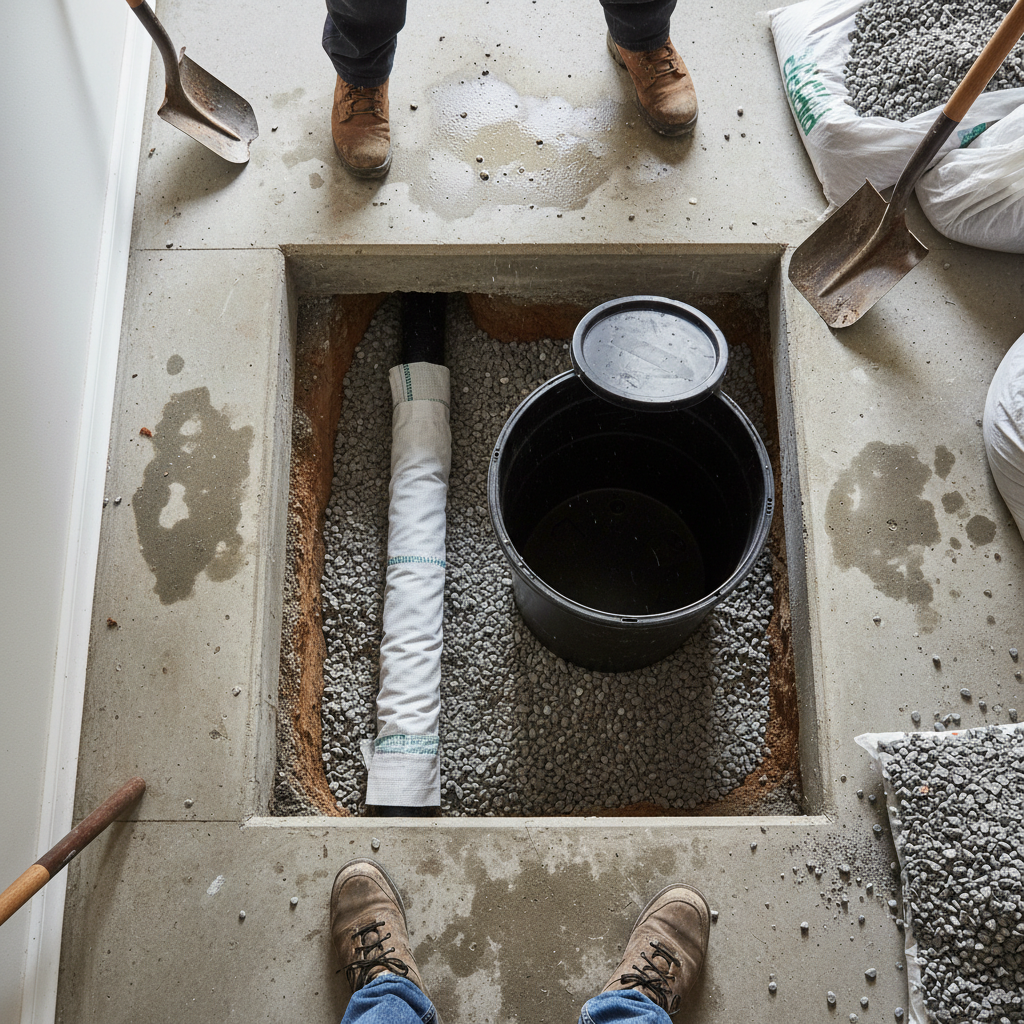 Contractors installing French drain and gravel base at a basement stairwell landing for a separate entrance in London ON