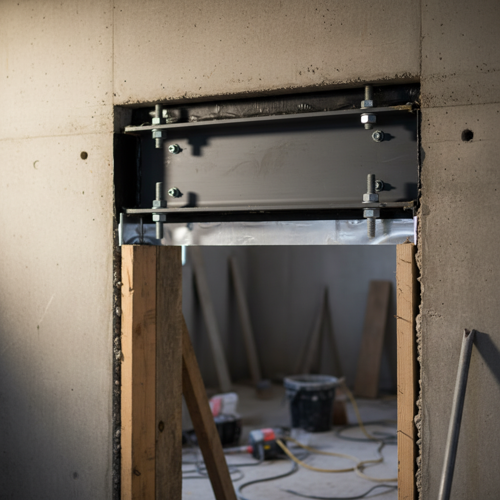 Close-up of foundation doorway cut showing lintel, flashing, and waterproofing for a separate entrance