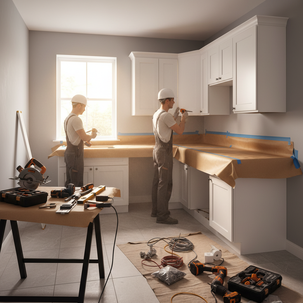 Apartment kitchen remodel in progress showing cabinet installation and protected countertops for standardized finishes