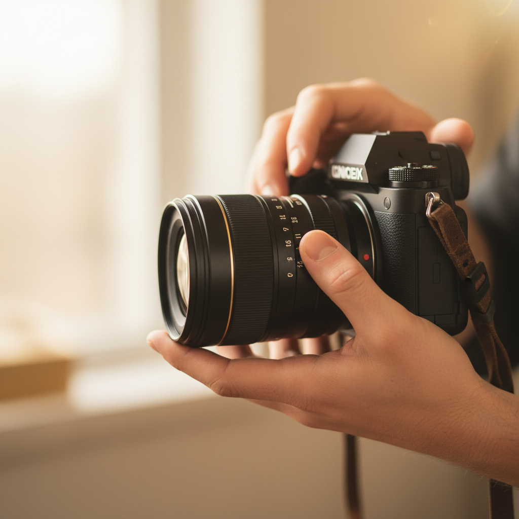 Close-up of an 85mm prime lens on a mirrorless camera during a portrait photography session, showing aperture control and pro gear