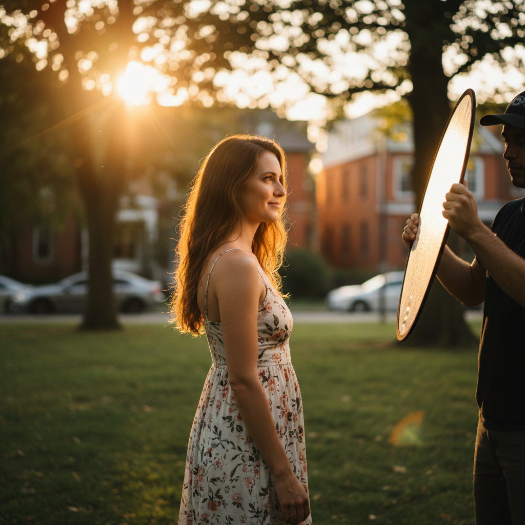 Outdoor golden hour lifestyle portrait with backlight and reflector in a Maple Ridge neighborhood park