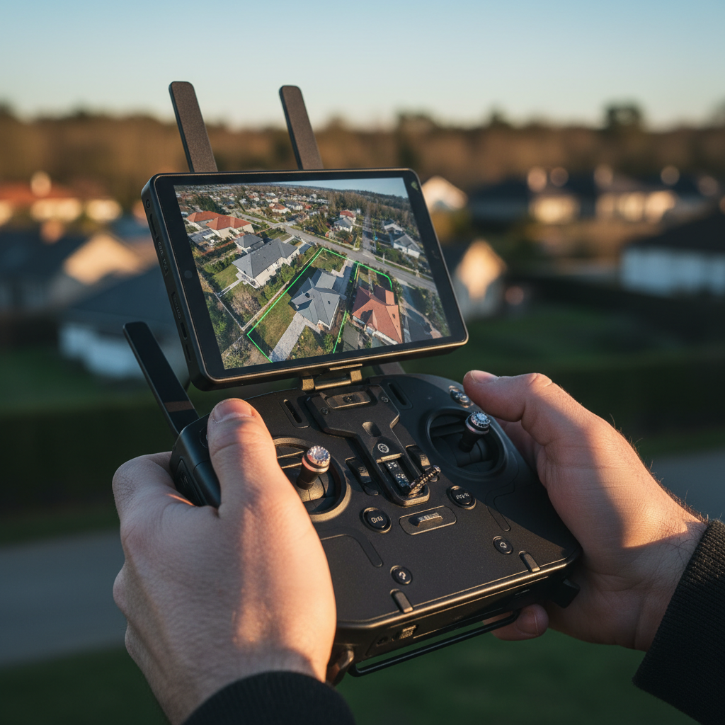 Close-up of drone controller capturing rooflines for a real estate listing, illustrating a professional drone photography business workflow