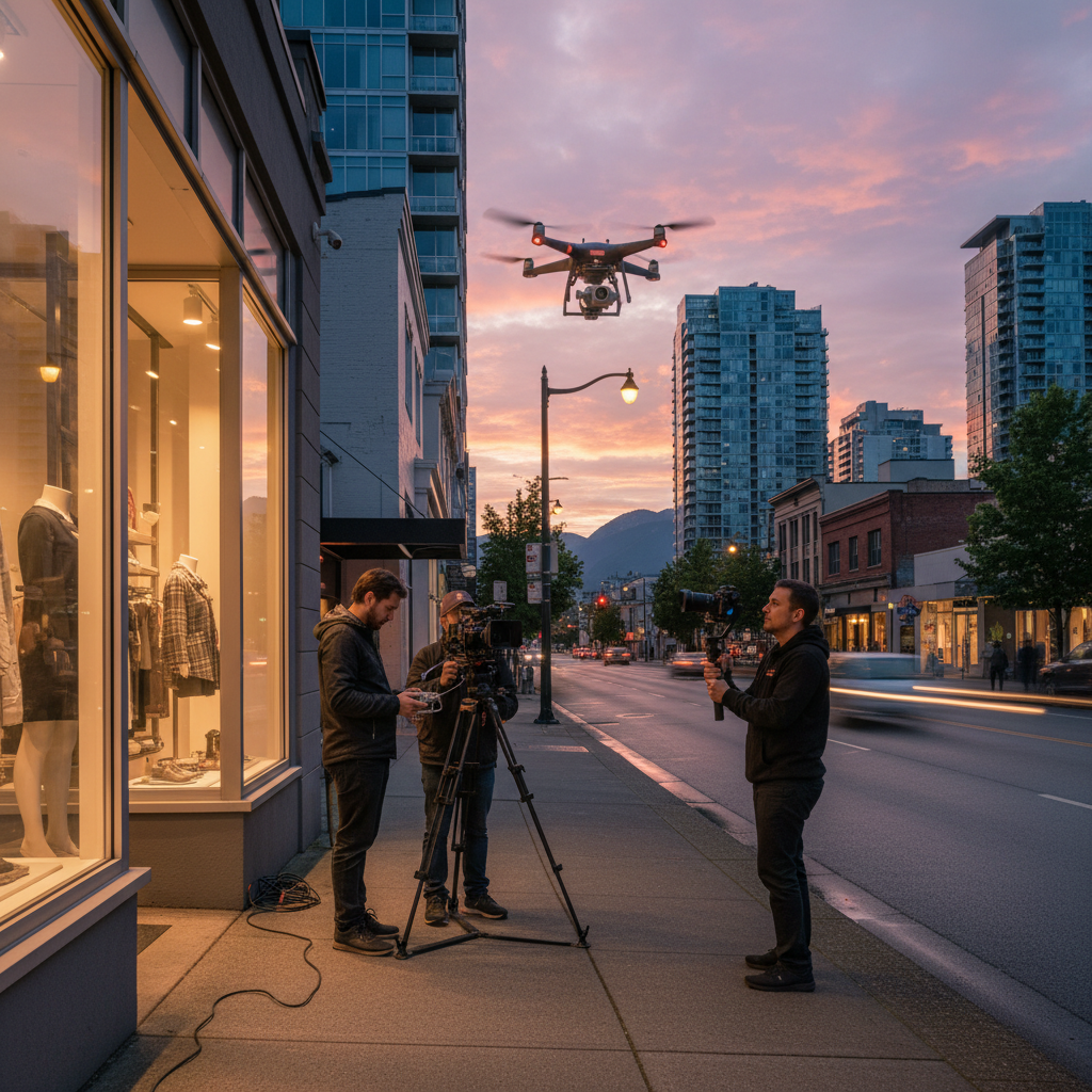 Drone and small video crew filming a commercial storefront at dusk in Greater Vancouver, showing a real-world drone photography business use case