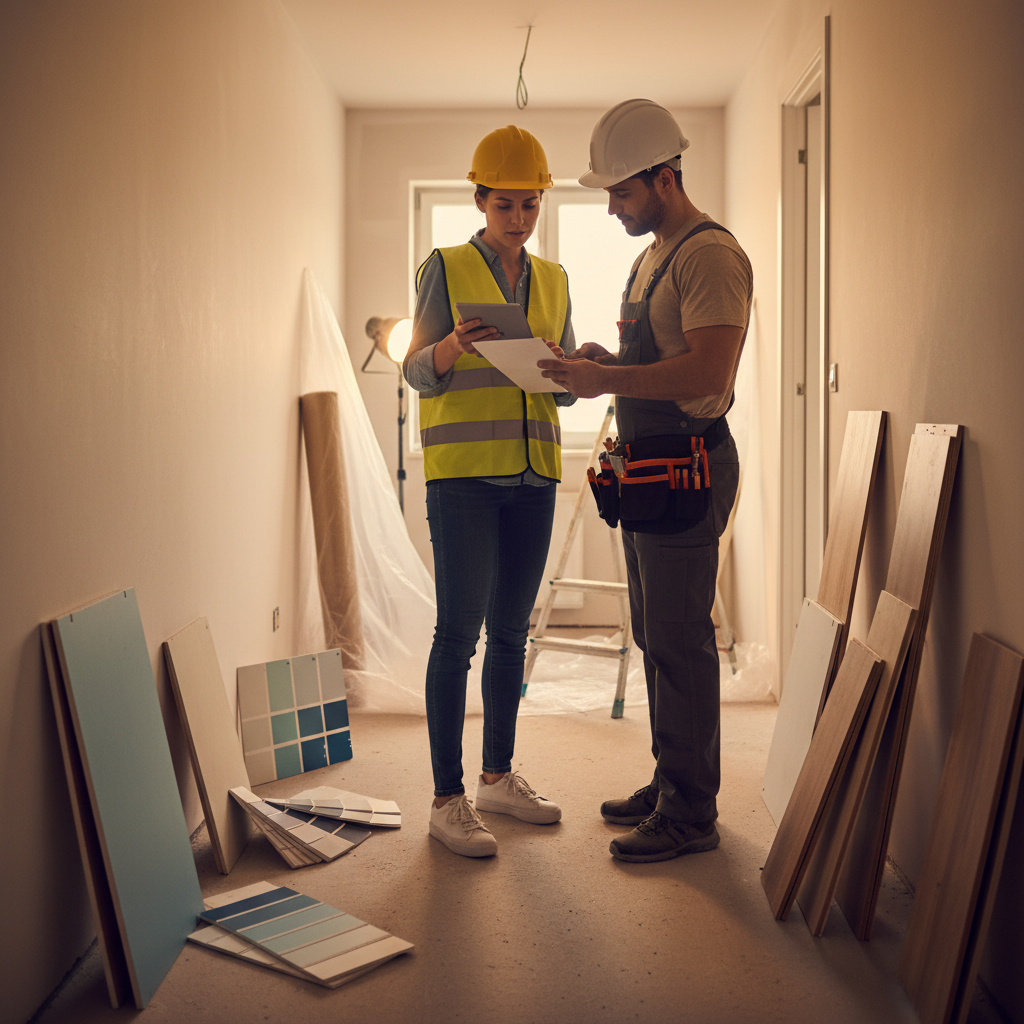 Project manager and contractor reviewing an apartment renovation checklist to keep kitchen remodel timelines on track