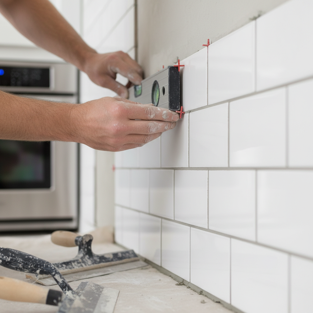 Close-up of backsplash tile installation detail during apartment kitchen remodeling in London ON