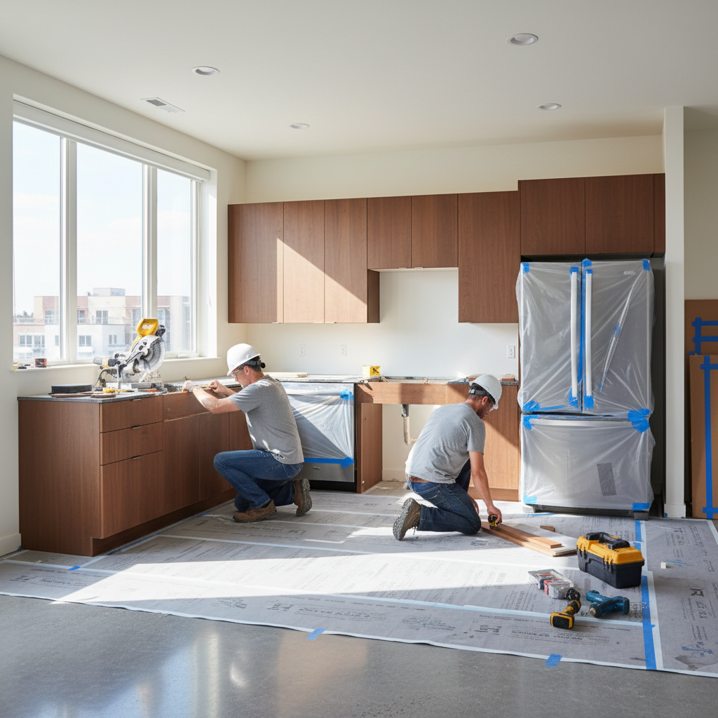 Wide shot of an apartment kitchen under renovation with cabinets being installed and protective floor coverings, illustrating how long a kitchen remodel takes