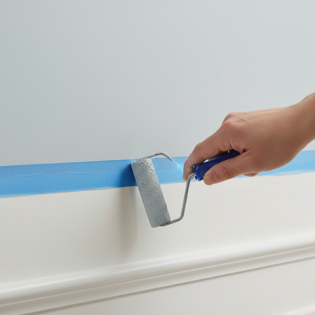Detail of professional apartment painting during turnover to avoid mistakes and ensure clean lines