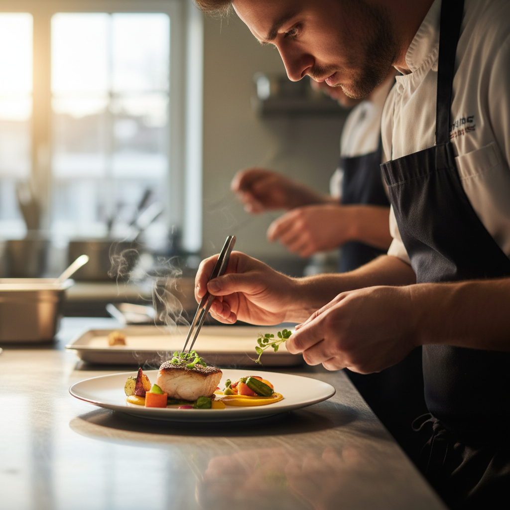 Chef plating microgreens during a professional food photography session with moody backlight and visible steam