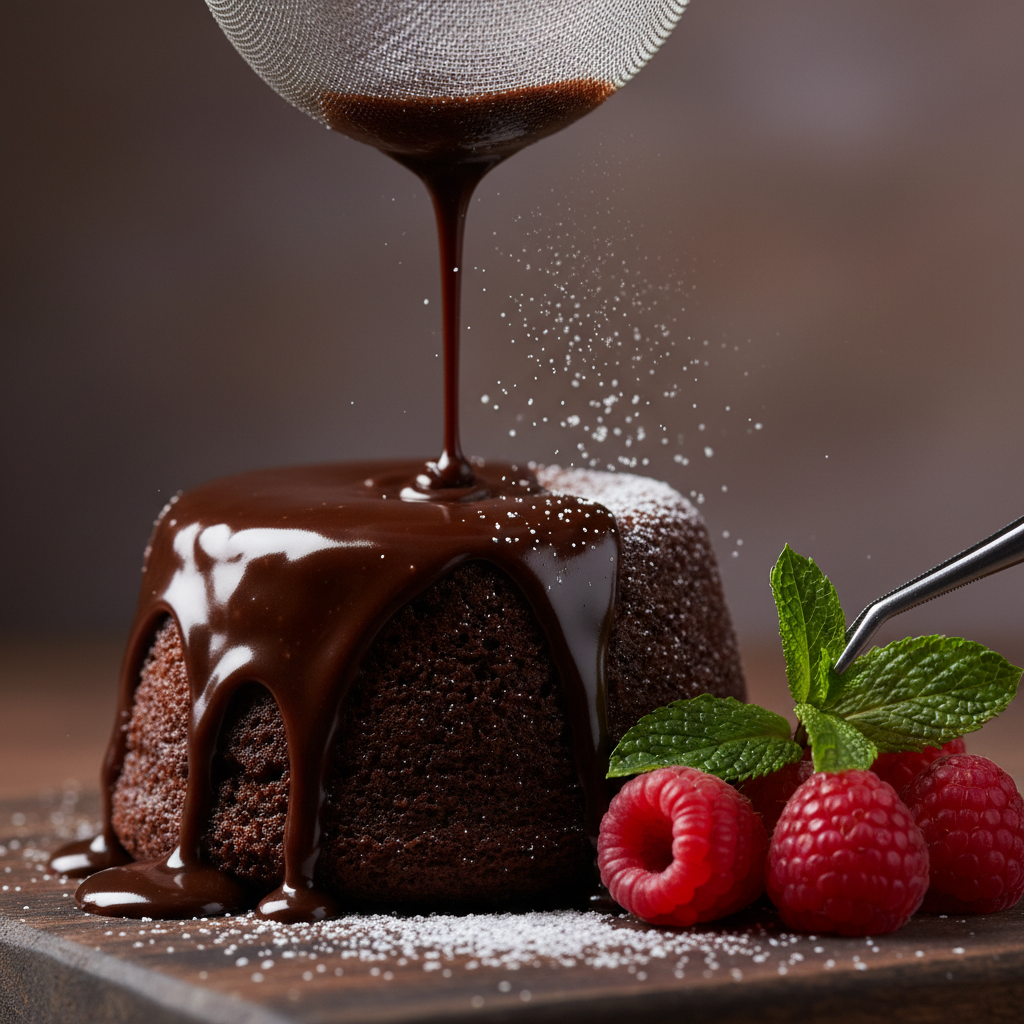 Macro dessert food photography with glossy ganache and fresh berries under dramatic side lighting for restaurant marketing