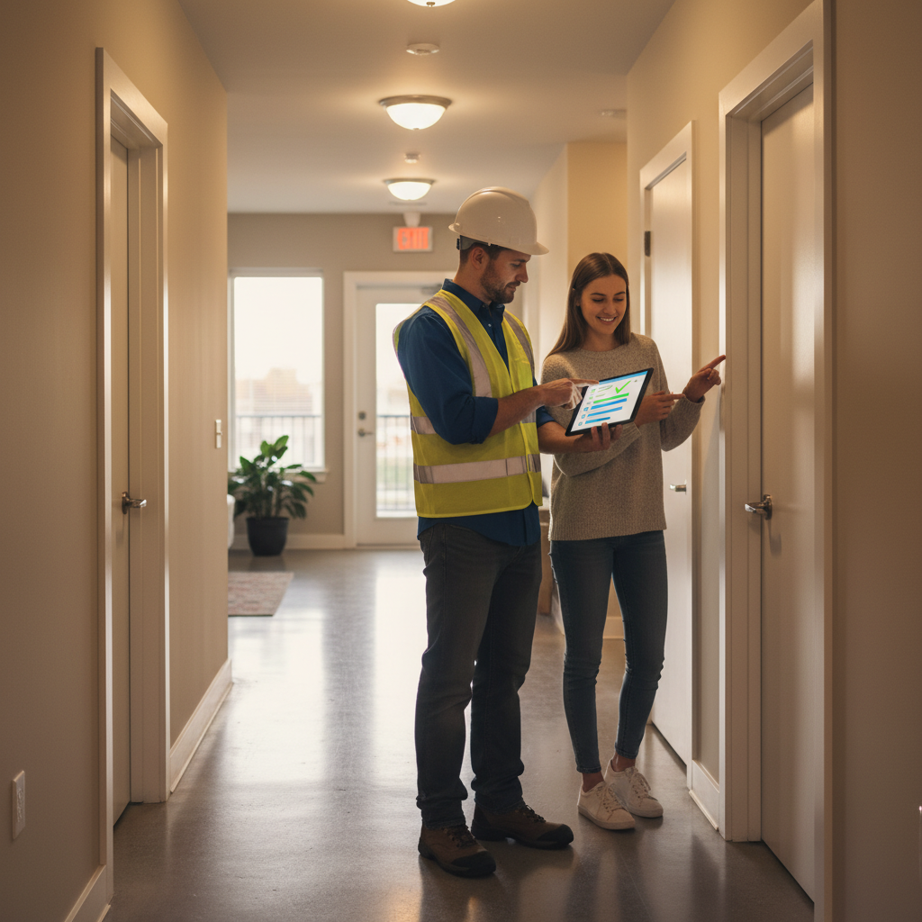 Contractor in hallway using a tablet checklist during a unit handover walkthrough in London, ON