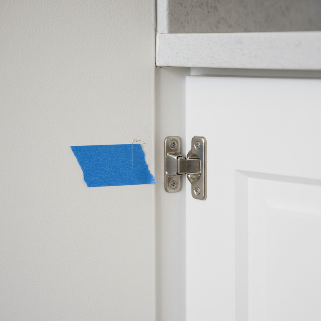 Detail shot of painter’s tape marking a paint touch-up near a new cabinet hinge during unit handover quality check