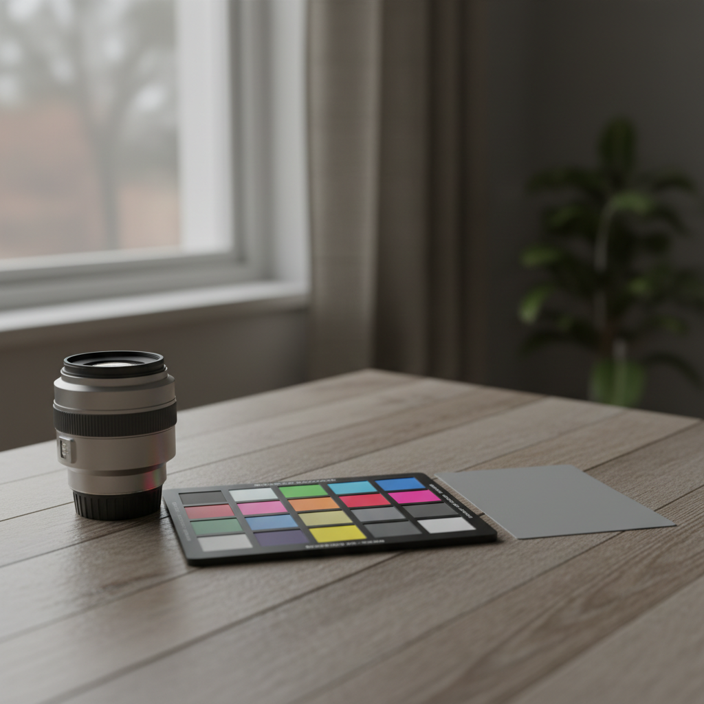 Close-up of real estate photo gear with color checker and lens for Lightroom color accuracy