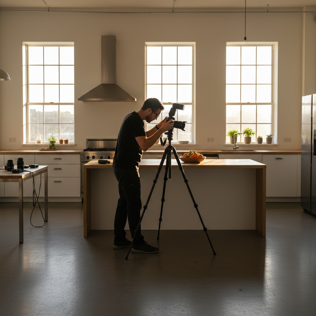 Photographer capturing a bright kitchen interior on tripod with flash for flambient method