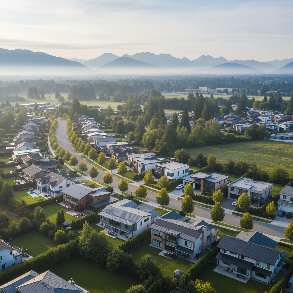 Drone photo over suburban neighborhood showing rooflines and tree-lined streets for property listing context