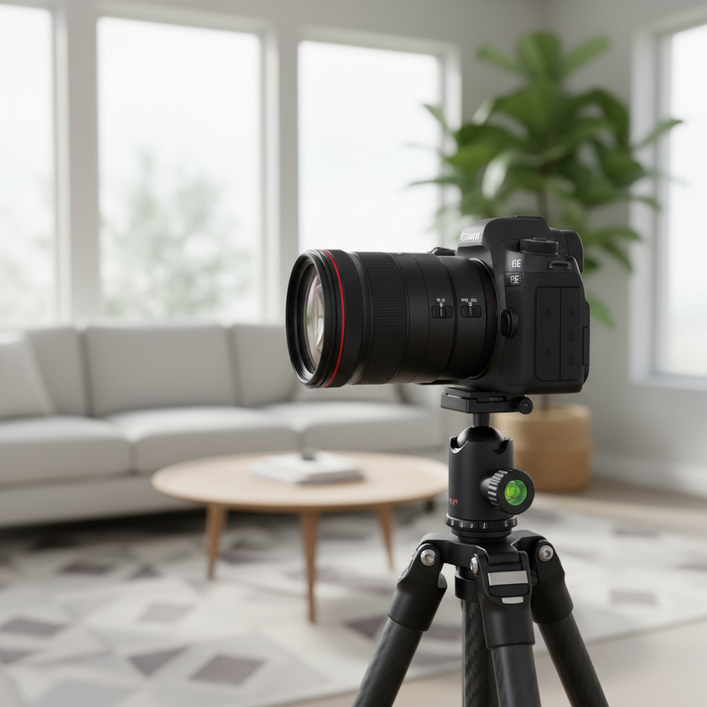 Close-up of professional camera and tripod capturing bright staged living room for property photos