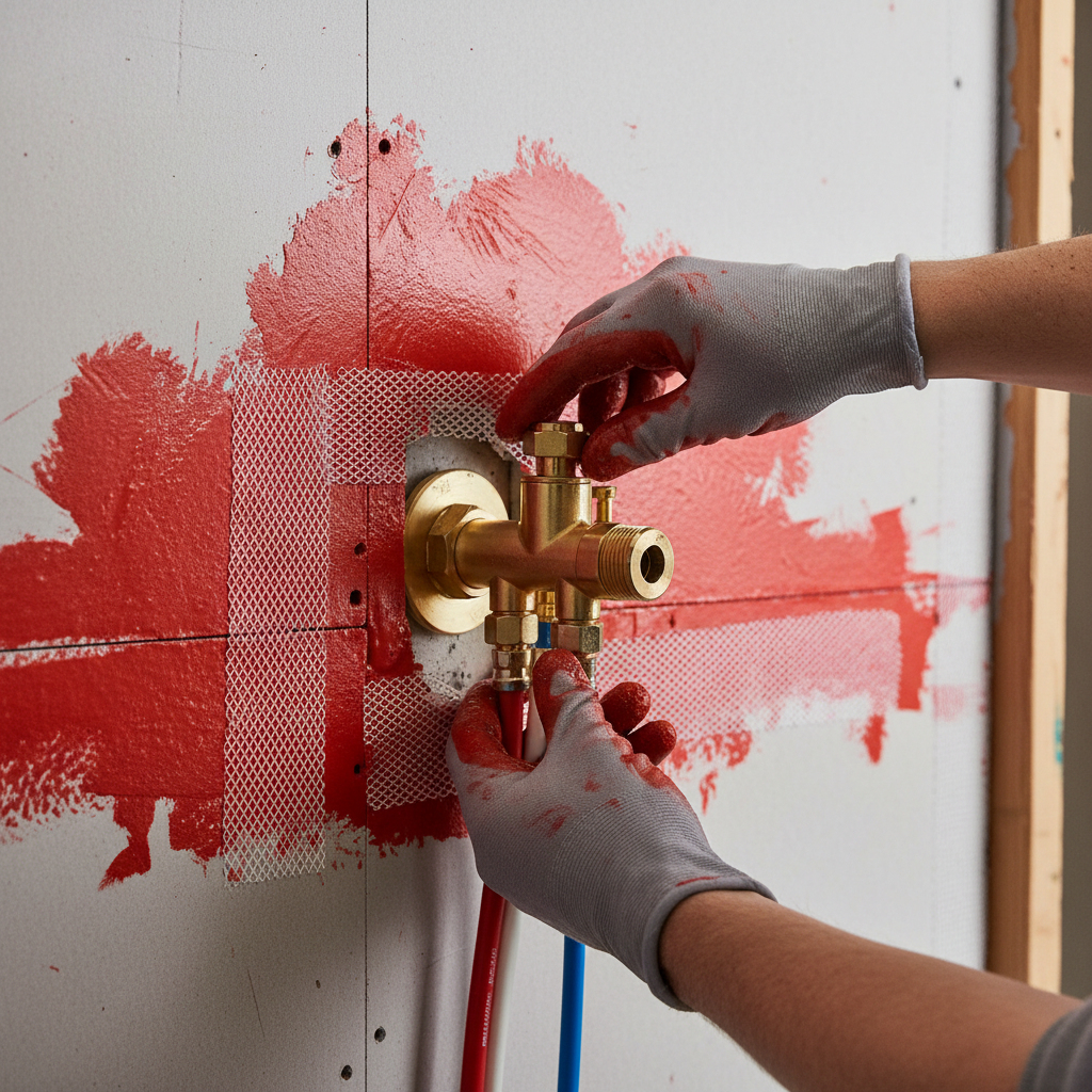 Detail of shower waterproofing steps on a rental bathroom remodel checklist: backer board, membrane, taped seams, and mixing valve placement