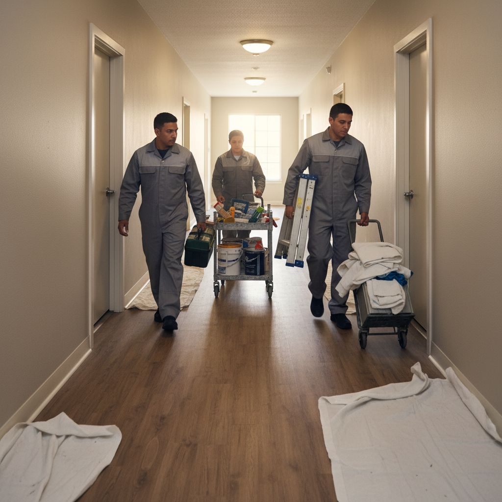Multi-unit turnover scene showing a professional team moving tools along an apartment corridor to stage bathrooms for renovation and quality-controlled handover