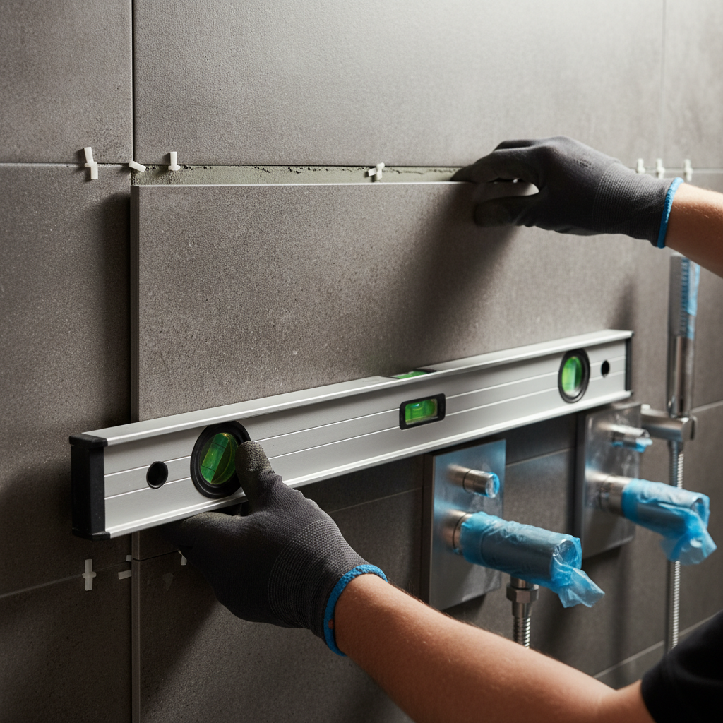 Detail of large-format tile installation in a rental bathroom shower surround, showing spacers and clean grout lines for durable, low-maintenance finishes