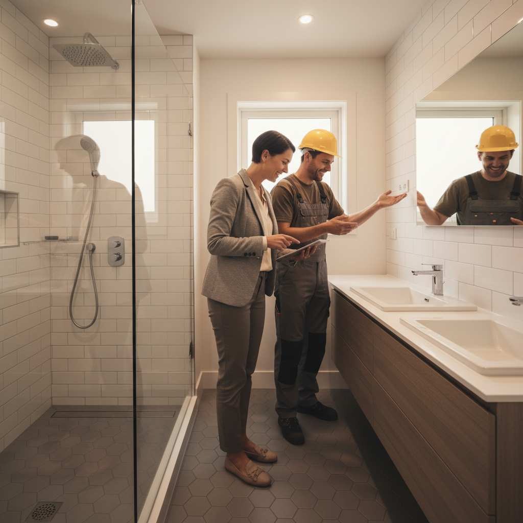 Property manager and contractor inspecting a newly tiled rental bathroom in London with subway wall tile and matte floor tile for fast apartment turnover