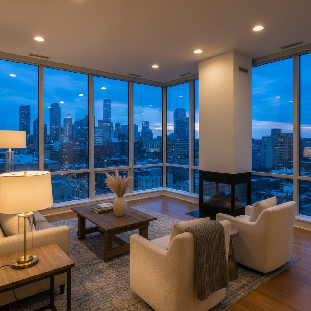 Twilight flambient real estate photo showing warm interior lighting balanced with blue-hour exterior view