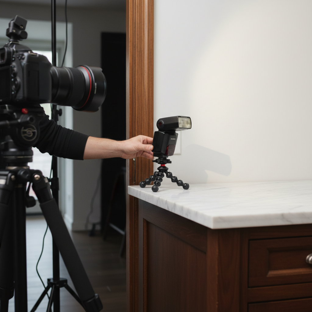 Close-up flambient technique placing speedlight to feather light onto interior surfaces for real estate photography