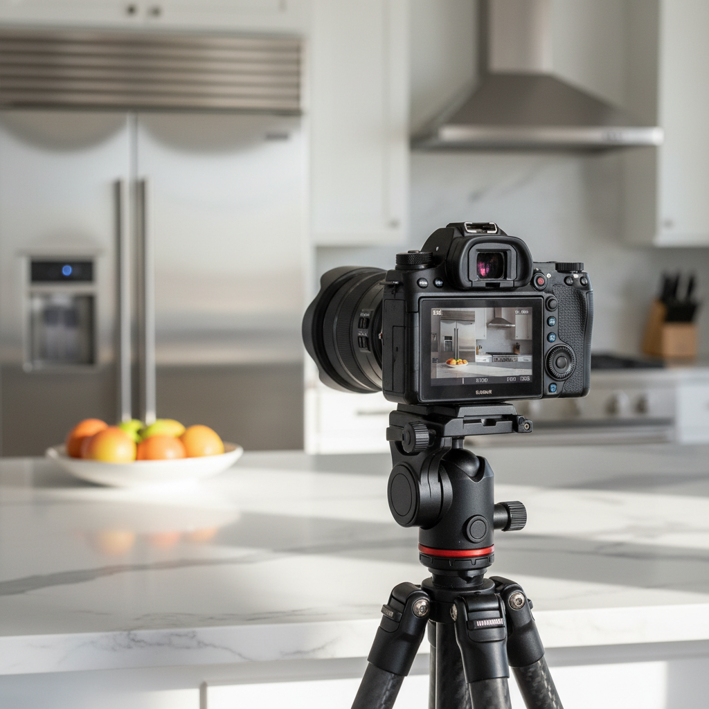 Professional camera capturing a sunlit kitchen interior for realtor social media listing content