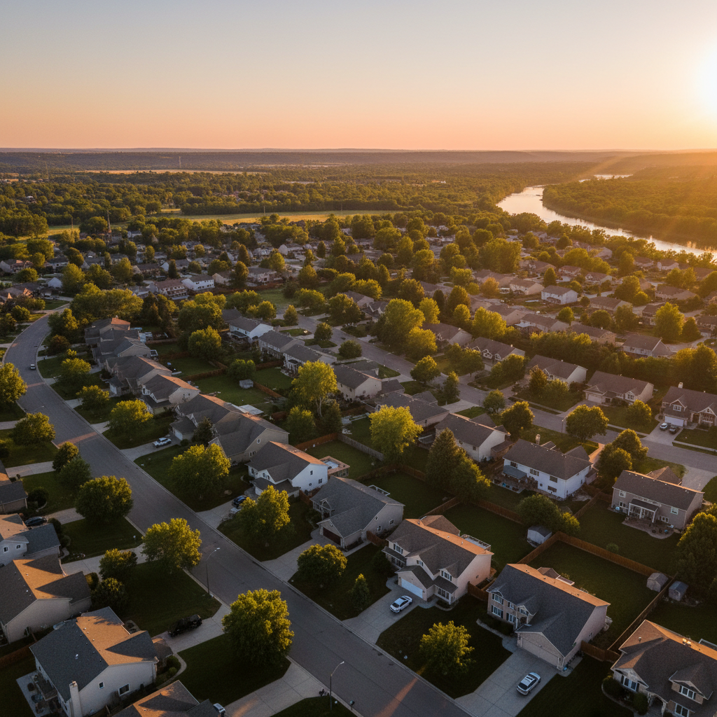 Drone aerial view of suburban neighborhood for realtor social media storytelling and location context