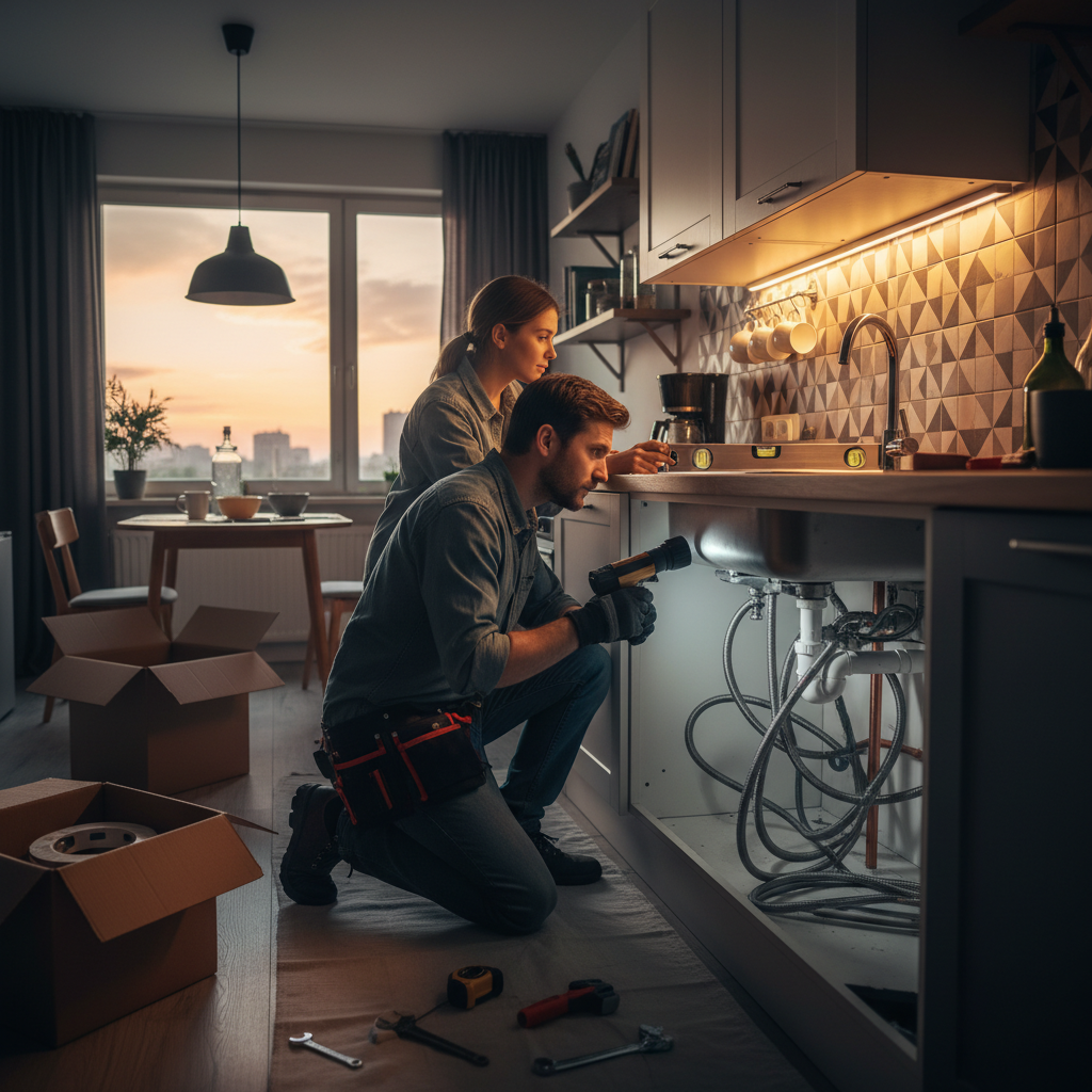 Crew inspecting under-sink plumbing and backsplash during apartment kitchen turnover remodel in London ON