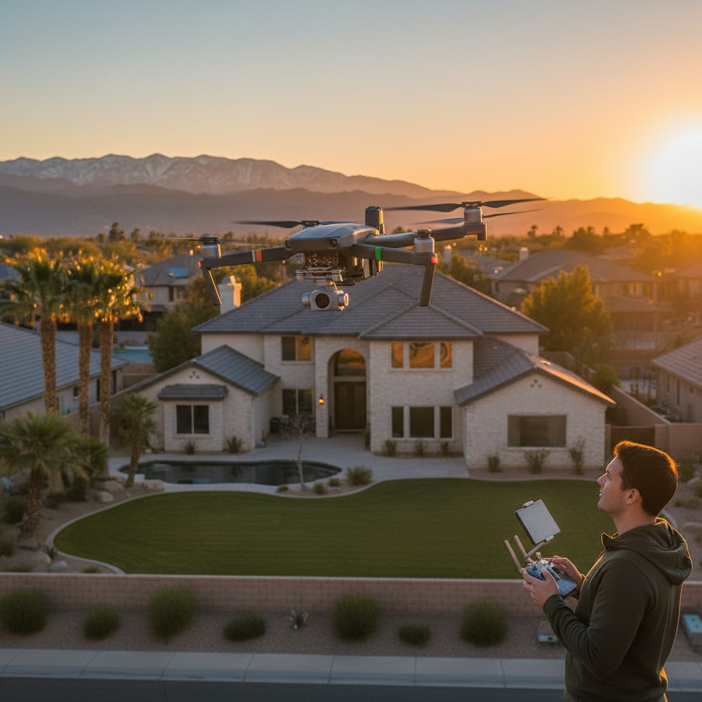 Drone capturing an aerial exterior for a real estate portfolio at golden hour, showing property context and neighborhood