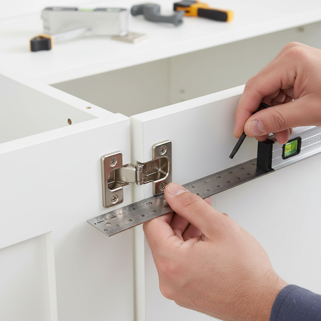 Close-up of hinge alignment during kitchen cabinet replacement as part of a unit turnover scope of work template